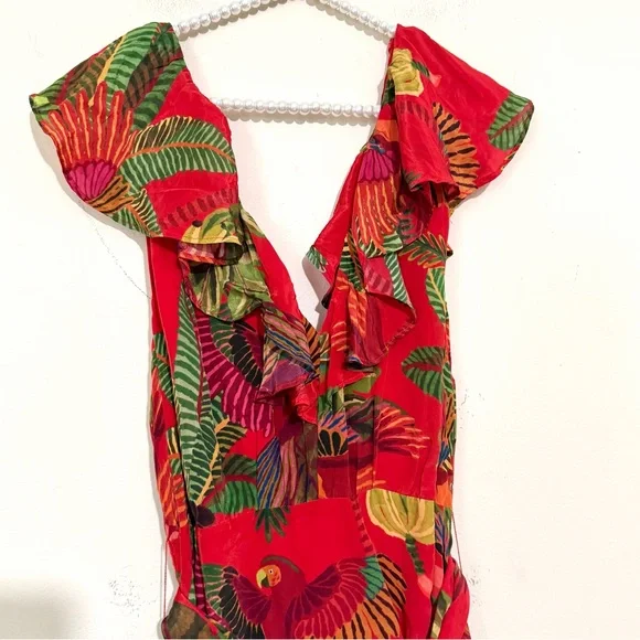 Farm Rio Belted Ruffle Crepe Red Parrot Jungle Print Midi Dress SIZE XL - Picture 3 of 9